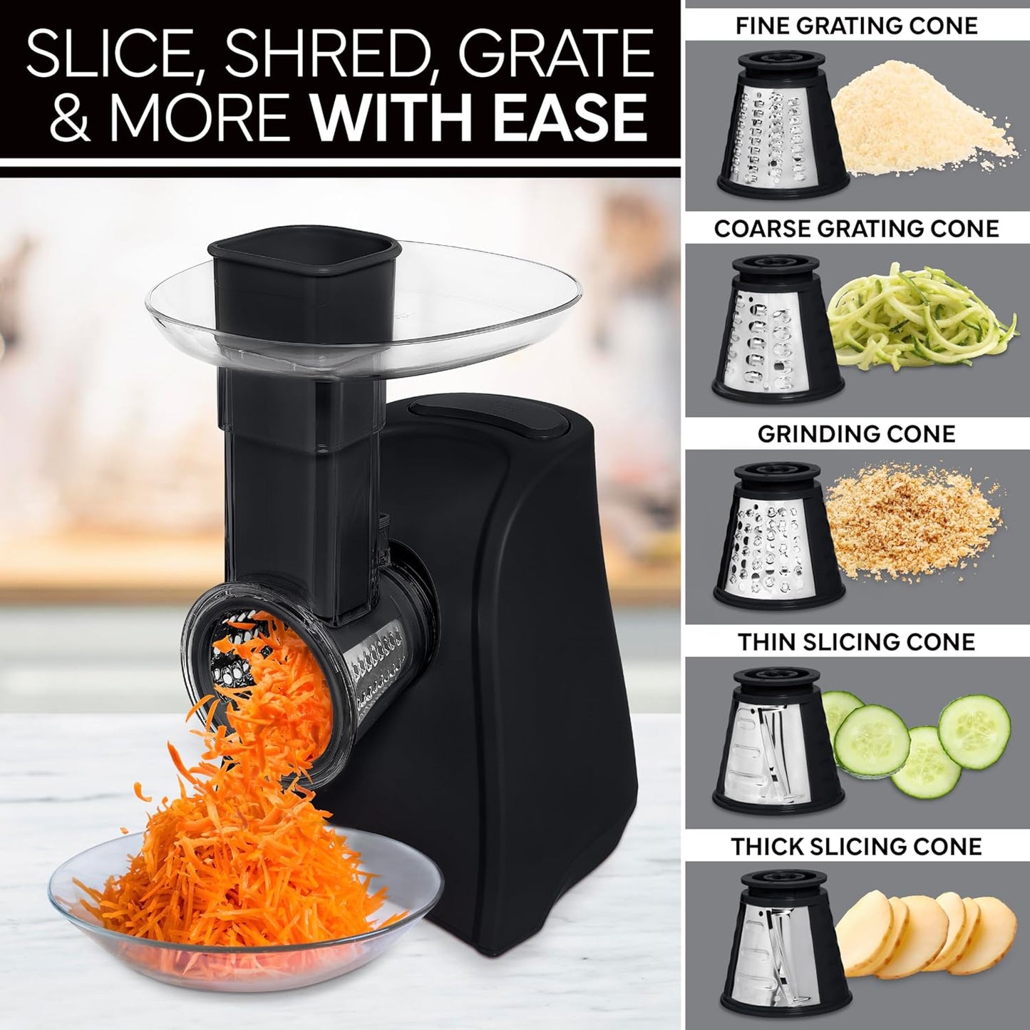 COOK WITH COLOR 5-in-1 Electric Slicer, 150W Food Prep Machine – Cheese Shredder, Fine & Coarse Graters, Potato Grater, Vegetable Slicer, Fruit, Salad Shooter, Compact Design for Bowl Prep, Black