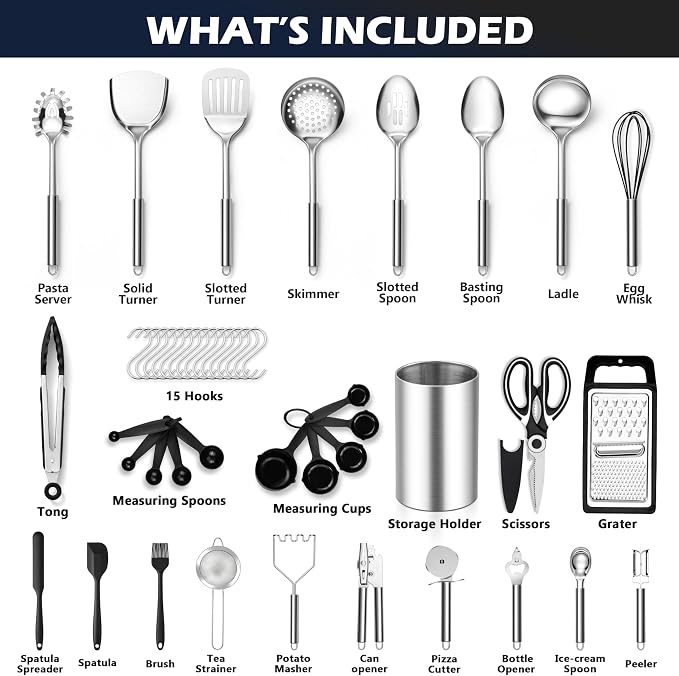 E-far Stainless Steel Cooking Utensil Set, 39-Piece Metal Kitchen Utensils - Image 2