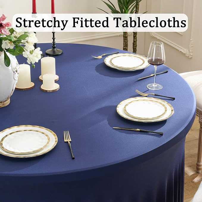 6 Pack Navy Blue Spandex Round Tablecloths for 72inch Table, Wrinkle Free 132inch Stretchy Fitted 6ft Round Table Cloths Covers with Skirt for Wedding Birthday Parties Banquet Events - Image 2