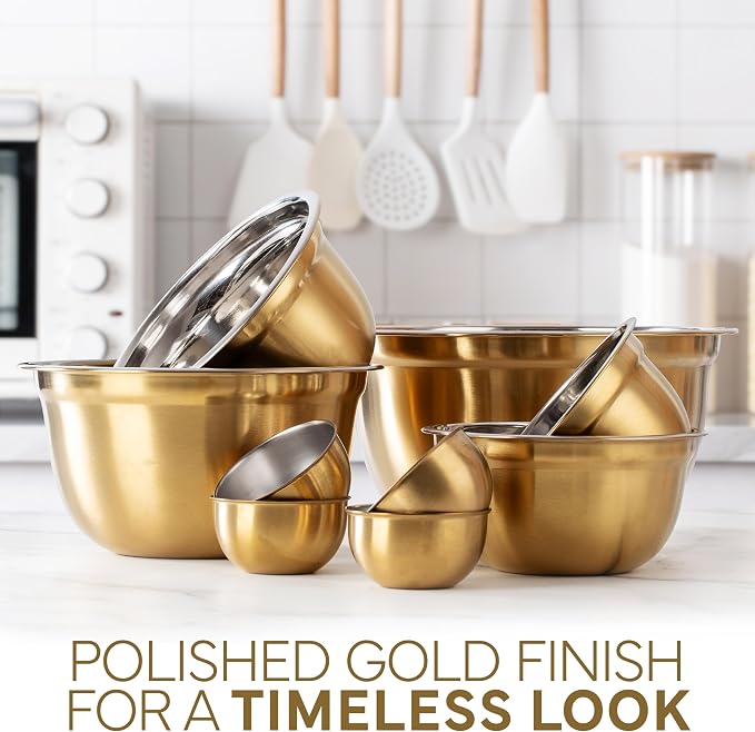 COOK WITH COLOR 18 Piece Mixing Bowls Set with Airtight Lids, Stainless Steel Bowl Organizers, Food Storage Containers, Meal Prep, Nesting Salad Bowls For Cooking, Baking, Kitchen Use, Gold - Image 3