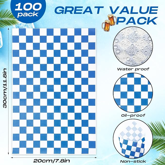 Thenshop 200 Pcs Kraft Food Tray Set with Wrapping Paper,Blue and White - Image 2