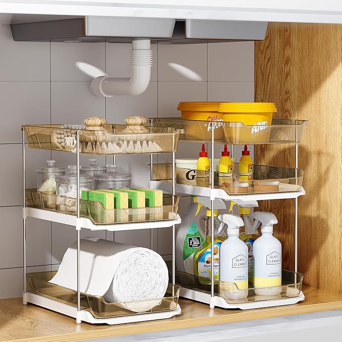 Delamu 2 Pack 3-Tier Bathroom Under Sink Organizers and Storage, Multi-Purpose Stackable Pantry Organization and Storage, Pull Out Clear Kitchen Bathroom Cabinet Organizer with Movable Dividers, Amber - Image 6
