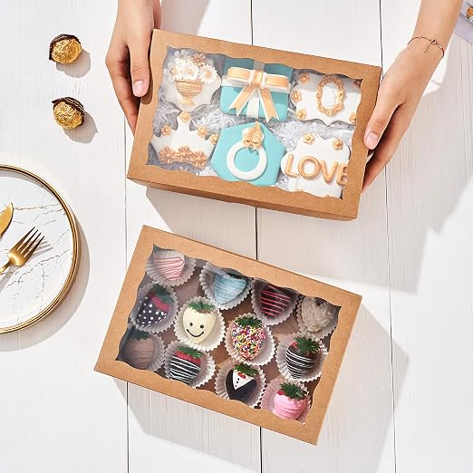 12PCS 10 x 7 x 2.5 inches One Piece Premium Strawberry Boxes, Cookie Boxes, Natural Kraft Brown Bakery Box with Display Window - Image 7