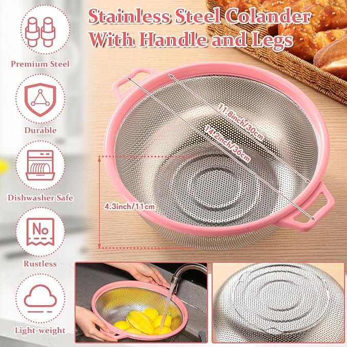 Ziliny 4 Pcs Mixing Bowls with Lids Plastic Nesting Bowls Set with Stainless Steel Colander 8 Pcs Measuring Cups and Spoons Set and Foldable Kitchen Funnel for Kitchen Cooking Accessories (Pink) - Image 4