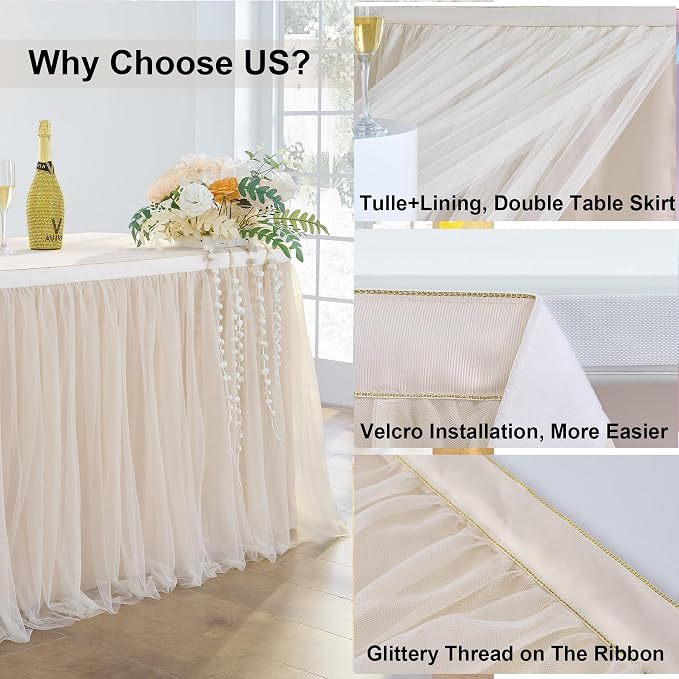 132in Champagne Gold Tulle Table Skirts for Rectangle Tables 8ft 6ft 4ft, 2-Layer Beige Ruffle Tulle Tutu Cloth Table Skirt 11ft for Wedding Party Birthday Baby Shower Cake Dessert(No Table Cover) - Image 4