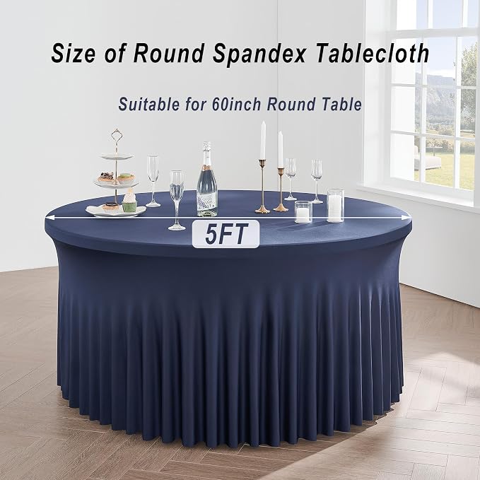 12 Pack Navy Blue Spandex Round Tablecloths for 60 inch Table, Wrinkle Free Stretchy 120inch Fitted 5FT Round Table Cloths Cover with Skirt for Wedding Birthday Party Banquet Events - Image 6