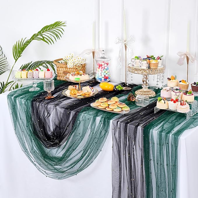 Gauze Pearl Tulle Table Runner Fabric Black 10ft Christmas Veil Chiffon - Image 5