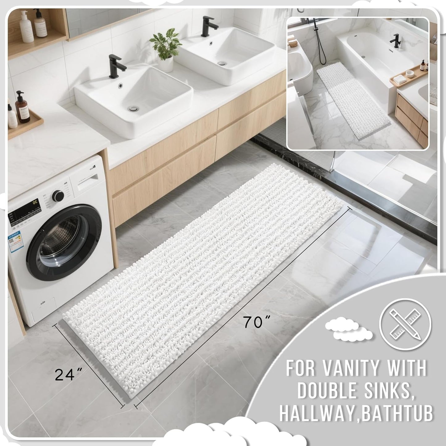 Yimobra Bathroom Runner Rug 70x24 Inch - Extra Long Non Slip Chenille Bath Mat, Soft & Absorbent, Machine Washable Shaggy Hallway Carpet for Vanity Tub Shower, White Home Decor Accessories