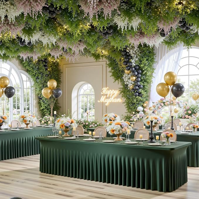 3 Pack Hunter Green Spandex Tablecloth for 8 Foot Rectangle Tables, Wrinkle Free Fitted Table Cloth Cover 8ft Green Stretchy Tablecloths with Skirt for Parties Weddings Birthday Banquet Baby Shower - Image 4