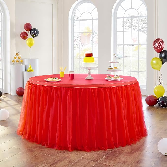 72inch Red Tulle Table Skirt for Rectangle Tables 6/4ft, 2-Layer Ruffle Tulle Tutu Red Cloth Table Desk Skirts 6ft for Chrismas Birthday Party Baby Shower Cake Dessert Tables(No Top Cover) - Image 2