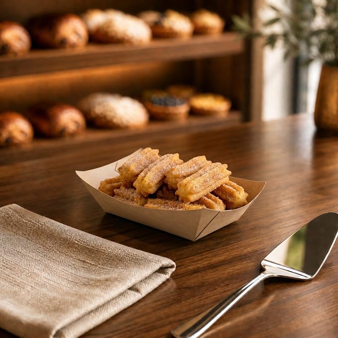 Restaurantware-Bio Tek 4 Ounce Paper Boats, 50 Disposable #25 Food Trays - PE Lining, Durable, Kraft Paper Food Baskets, For Concession Stands, Picnics, or Fairs, Stackable - Image 3