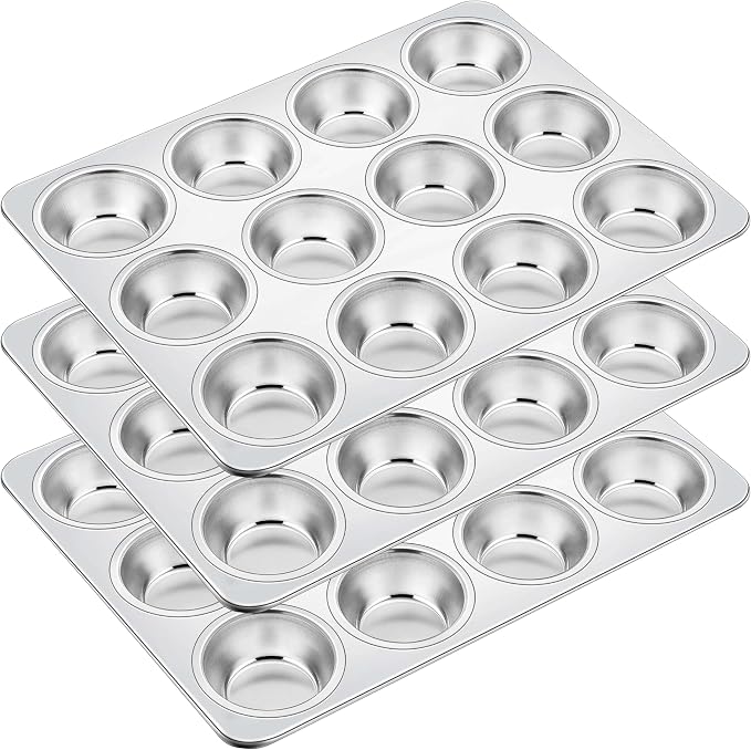 Homikit Stainless Steel Muffin Cupcake Pans 12-Cup, Non Toxic, Easy Release | 3PCS Nonstick Muffins Baking Tins Set, 13.8x10.4 Inch Metal Egg Bites Tray, Standard Size, Heavy Duty, Oven & Dishwasher Safe by Homikit
