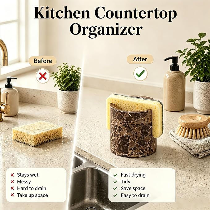 Natural Marble Sponge Holder, Drying Rack for Kitchen Sink - Dark Brown - Image 6