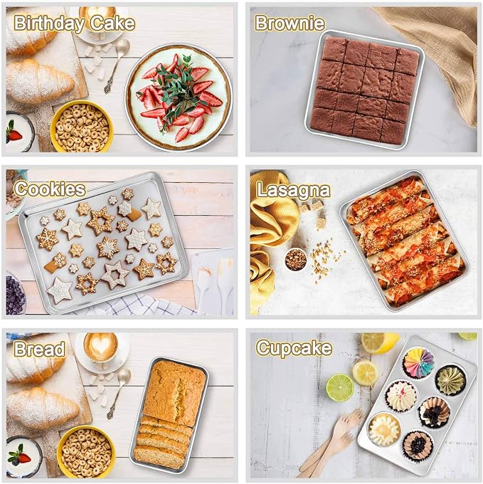 TeamFar Stainless Steel Bakeware Set of 11 | Toaster Oven Baking Pan Set, Lasagna Pan, Square & Round Cake Pan, Loaf Pan & Muffin Pan, Healthy & Sturdy, Dishwasher Safe - Image 4