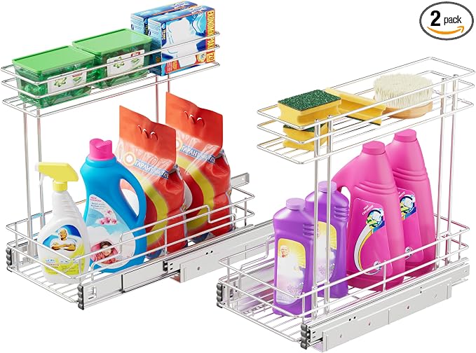 2 Pack Under Sink Organizer 9"W X17"D, Pull Out Cabinet Organizer 2 Tier, by STORKING
