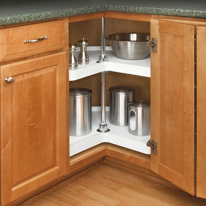 Rev-A-Shelf 24" Kidney Shaped Dual Tier Lazy Susan Organizer for Corner Base Kitchen Cabinets, Plastic Home Storage Shelves, White, 6472-24-11-52 - Image 2
