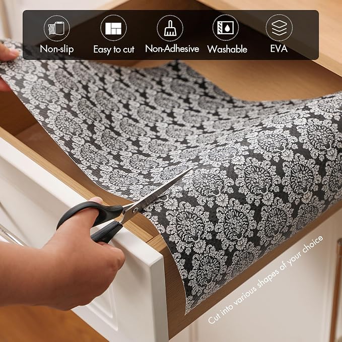 Cooyes Shelf and Drawer Liners for Kitchen Cabinets, Non-Adhesive Cabinet Liners, EVA Waterproof Durable Shelf Paper for Refrigerator, Shelves, Cupboard with European Pattern, Easy to Cut - Image 5