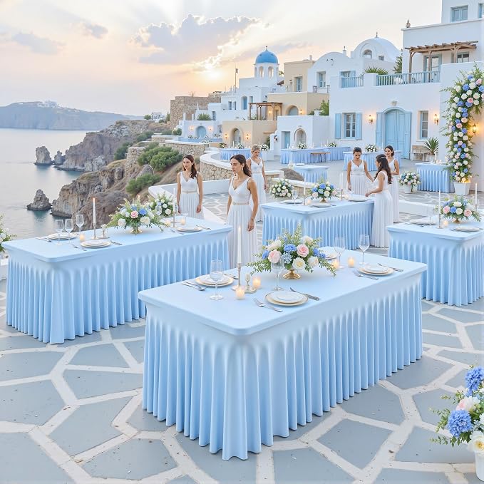 gogoparti 4 Pack Spandex Baby Blue Fitted Table Cloth for 8ft Rectangle Tables Light Blue Stretch Tablecloth Banquet Table Covers Wrinkle Free Tablecloths for Parties Wedding - Image 4