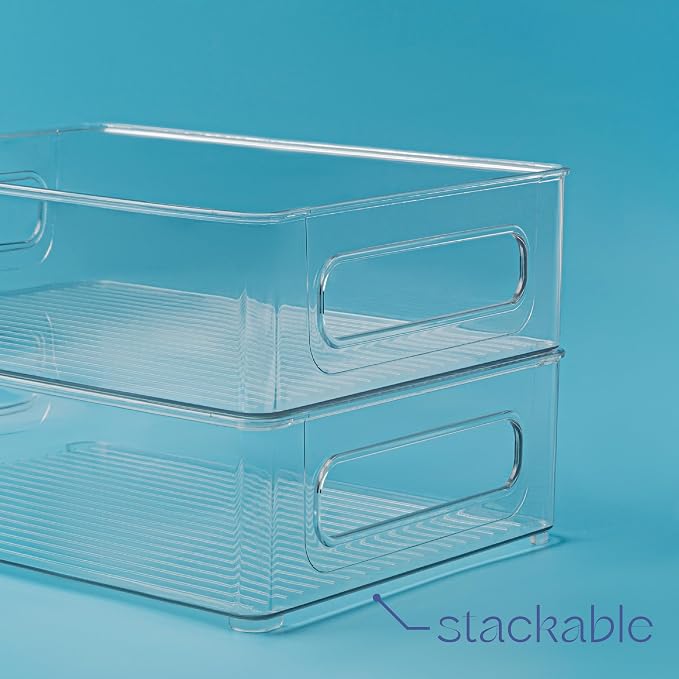 Plastic Food Storage 6 Pack Clear Container Bin with Handles for Organizing Kitchen, Pantry, Refrigerator, Freezer, Pantry, Cabinet, Closet, Bathroom. Stackable 10”x8”x3” - Image 5
