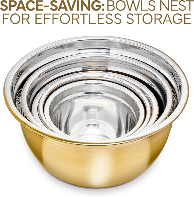 COOK WITH COLOR 18 Piece Mixing Bowls Set with Airtight Lids, Stainless Steel Bowl Organizers, Food Storage Containers, Meal Prep, Nesting Salad Bowls For Cooking, Baking, Kitchen Use, Gold - Image 4