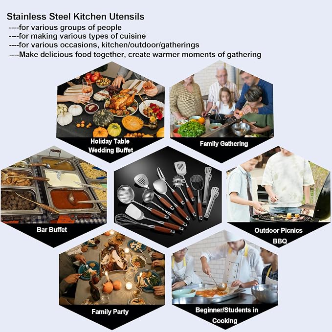 Stainless Steel Kitchen Cooking Utensils Set Wooden Handle 12 PCS | Metal Cooking Utensils Set-Spatulas,Ladle,Skimmer,Tunners,Spaghetti Spoon,Fork,Potato Masher,Egg Whisk,Tongs - Image 3
