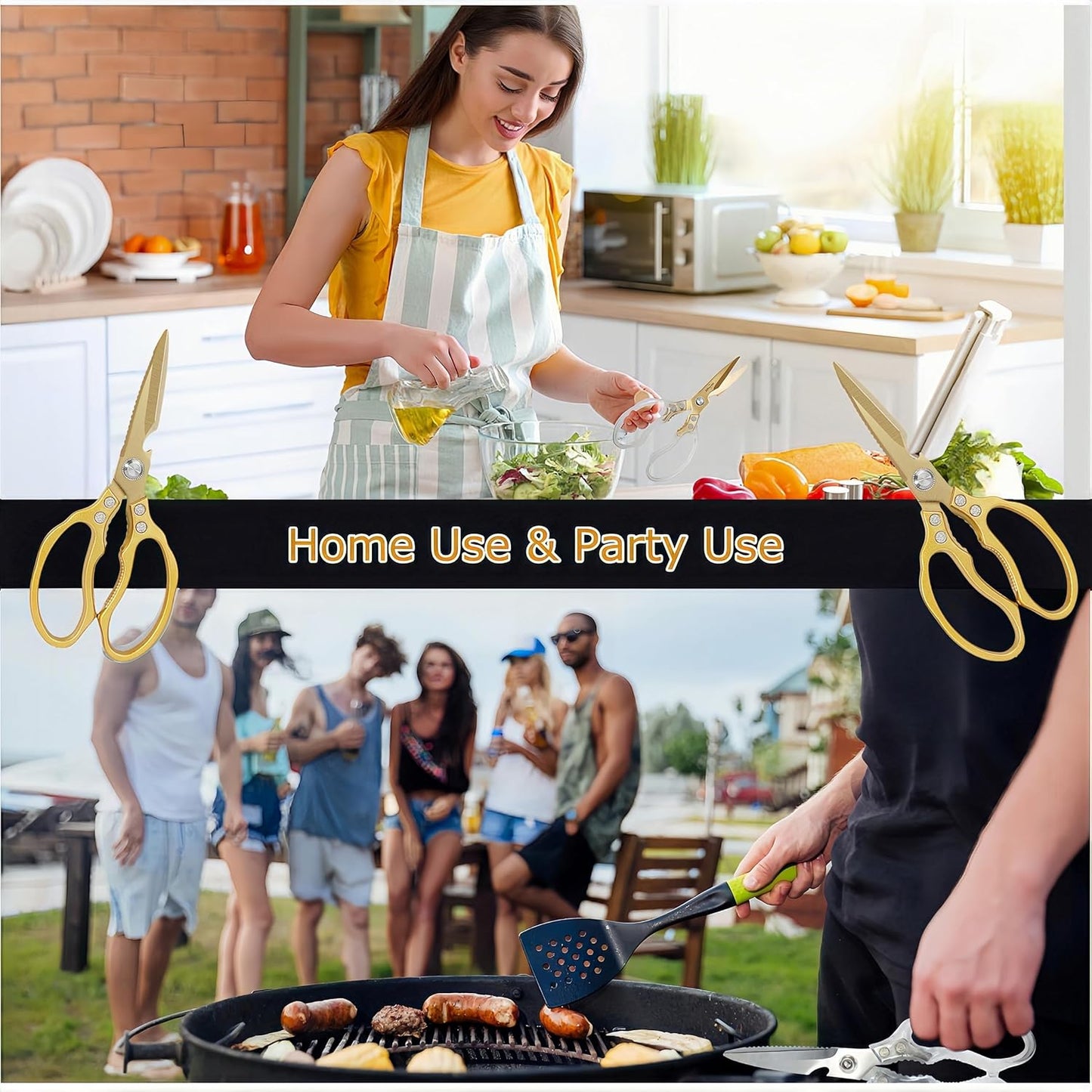 Kitchen Scissors, Heavy Duty Sharp Kitchen Shears Dishwasher Safe, Kitchen Accessories Cooking Shears for Kitchen Meat Chicken Fish Poultry Herb Bread (All Gold), skr-05