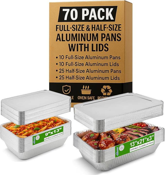 Full Size & Half Size Aluminum Pans with Lids | Disposable Steam Table Trays for Catering, Baking, Roasting & Food Storage (70 Pack (Full & Half w/Lids)) by EHOMEA2Z