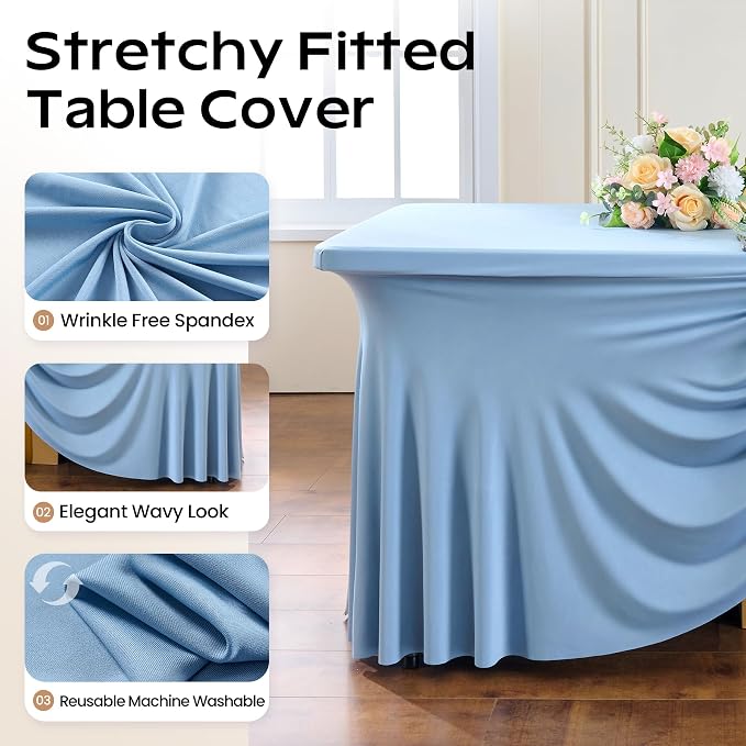 CO-AVE 2pack Dusty Blue Spandex Tablecloths 8ft for Rectangle Tables, Wrinkle Free Classy Table Skirt Stretchy 8 Foot Fitted Table Cloths Covers for Weddings Birthday Party Events Banquet Baby Shower - Image 2
