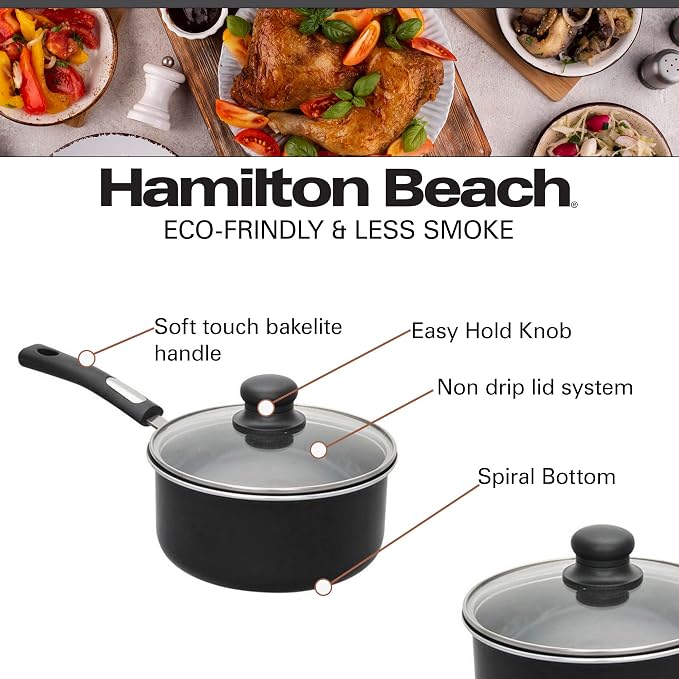 Hamilton Beach Aluminum Covered Cookware Set, Nonstick Saucepan Frypan, Dutch Oven with Soft Touch Bakelite Handle, | Spiral Bottom- Multipurpose Use | Durable & Dishwasher Safe |10pc, Black | - Image 3
