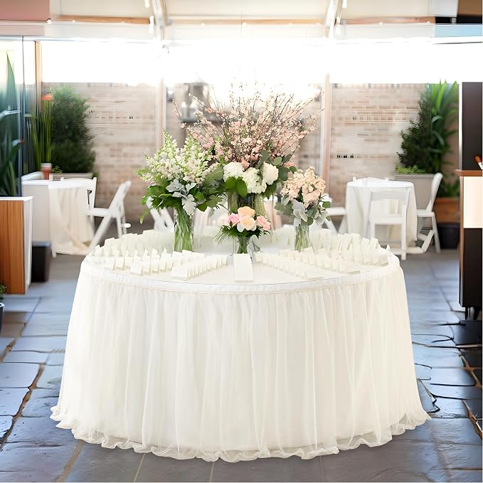 108in Ivory Tulle Table Skirts for Rectangle Tables 6/8/4ft, 2 Layer Gold Grim Ruffle Cream Tulle Tutu Table Skirt 9ft Decor Wedding Birthday Party Baby Shower Cake Dessert Tables(No Table Cover) - Image 6