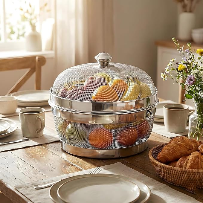Stainless Steel Fruit Basket with Mesh Lid, Kitchen Countertop Organizer for Fruits & Vegetables, Rust-Proof Breathable Storage Bowl for Produce, Bread & Snacks. (Extra Large) - Image 5