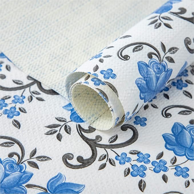 FIFTY FEET 18X96 Inch Shelf Liner for Kitchen Cabinets, PVC Drawer Liner for Dresser Non-Slip Bathroom, Non-Adhesive Cabinet Liner Washable (Blue Floral)(5 Roll) by FIFTYFEET