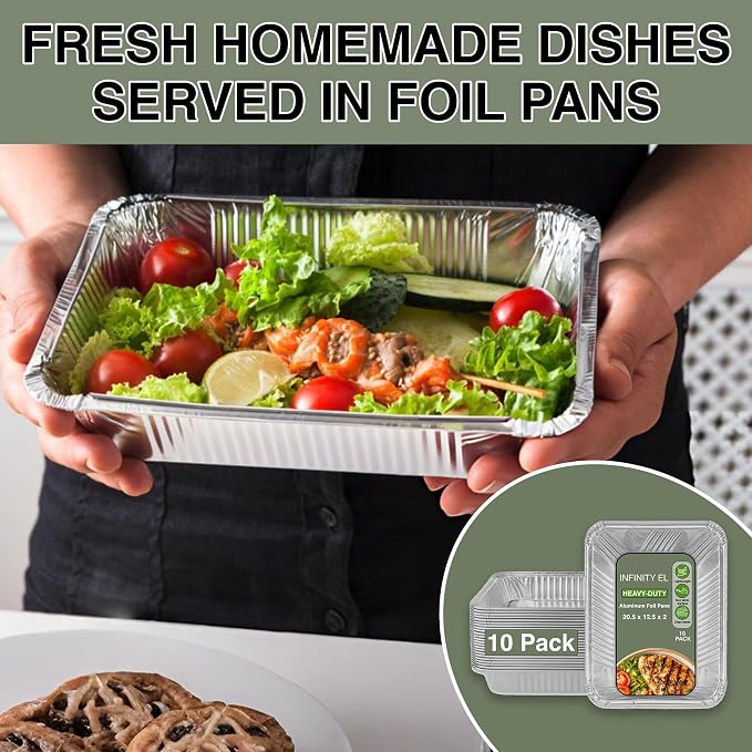 INFINITY EL 10 Pack Aluminum Pans, Disposable Foil Pans, Full Size-Shallow | Heavy-Duty Foil Pans 20.5" x 12.5" x 2", Serving Trays for Roasting Turkey, Lasagna, Christmas & Parties, Freezer & Oven Safe - Image 7