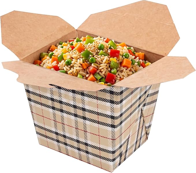 Restaurantware 26 oz Square Paper Plaid Noodle Take Out Container, 200 Pack by Restaurantware