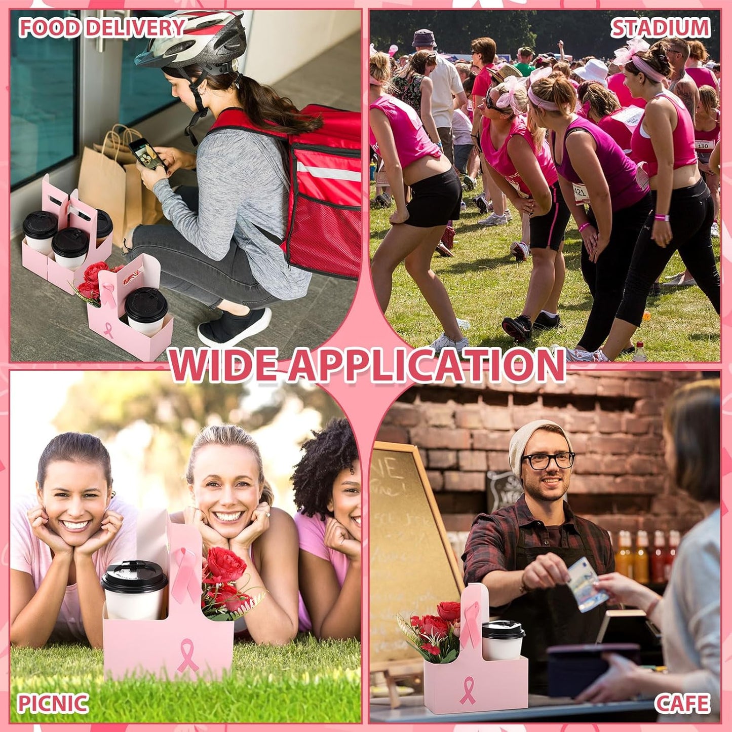 TaoBary 25 Set Breast Cancer Awareness Gifts 2 Cup Drink Carrier with Handle Pink Portable Foldable Tray Drink Holder Breast Cancer Gifts for Woman Disposable Coffee Cup Holder with Pink Ribbon