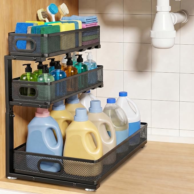 3 Tier Adjustable Under Sink Organizer for Bathroom & Kitchen(1Pack, Black) by OFBIC