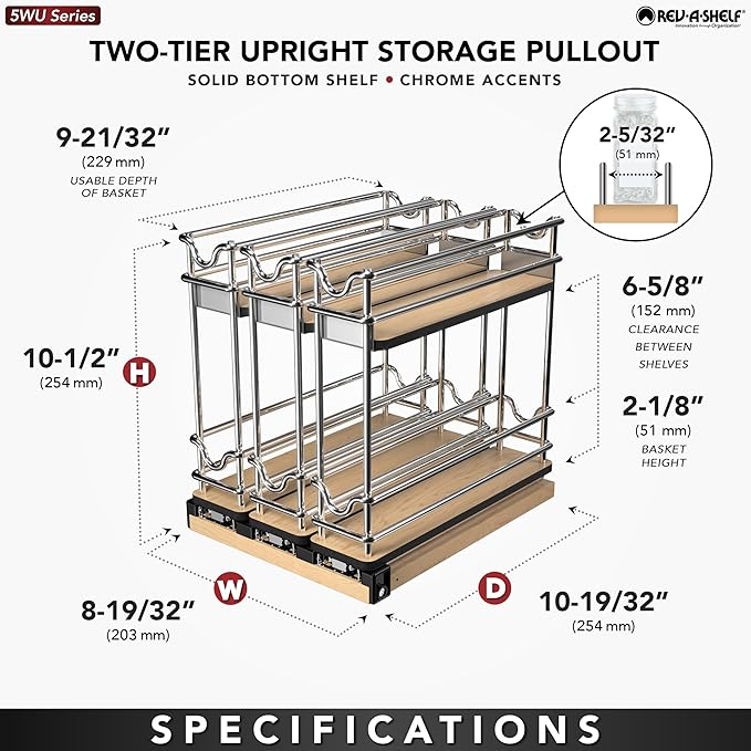 Rev-A-Shelf 9" Pullout Organizer, 2 Tier Triple Narrow Upright Shelf, 5WU2-9N3-1 - Image 7