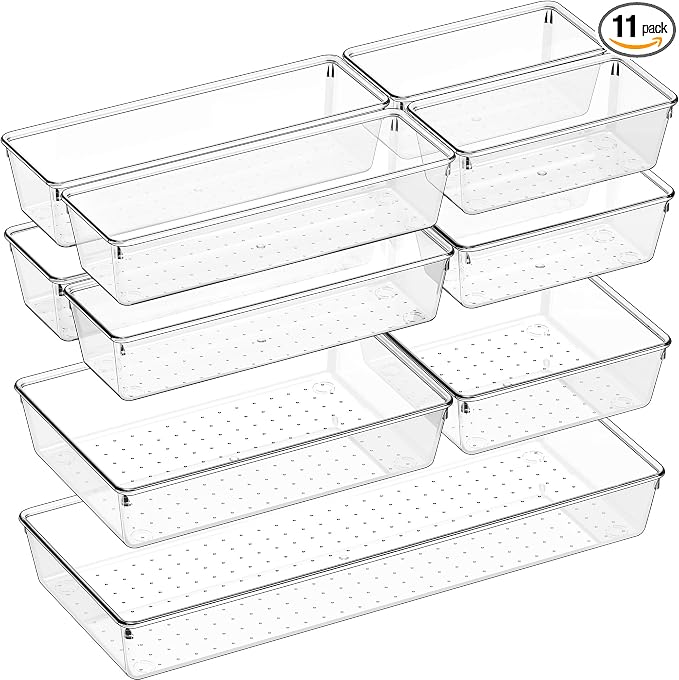 Criusia 11 PCS Clear Plastic Drawer Organizer Set - 5 Large Size Versatile Kitchen and Bathroom Organizer Trays, Non-Slip Storage Bins for Makeup, Utensils, Tool and Office Desk by Criusia