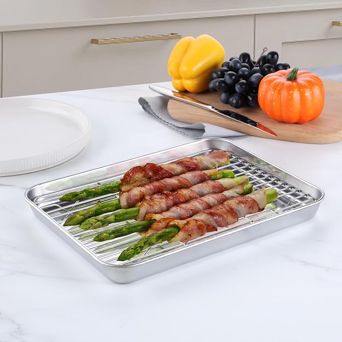 Homikit Small Baking Sheet with Wire Rack for Toaster Oven (1 Pan+1 Rack) | 10.4x8 Inch Stainless Steel Baking Pan with Rack Set, Metal Cookie Sheets Rust Free, Nonstick Bacon Tray Dishwasher Safe - Image 3