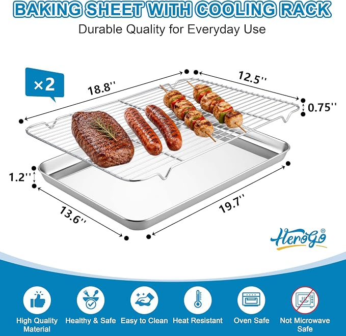 Herogo Large Baking Sheet with Wire Rack Set(2 Pans + 2 Racks), 20 x 14 x 1 Inch Stainless Steel Metal Cookie Pan Set for Baking & Roasting, Rust & Warp Resistant & Nonstick - Image 2