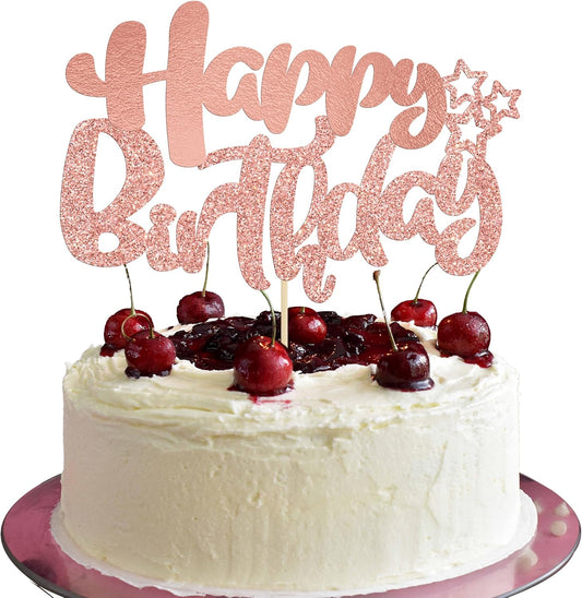 Ephlyn 1Pcs Happy Birthday Cake Topper Glitter Cake Pick for Celebrating Anniversary Theme Party Cake Decorations Supplies Rose Gold