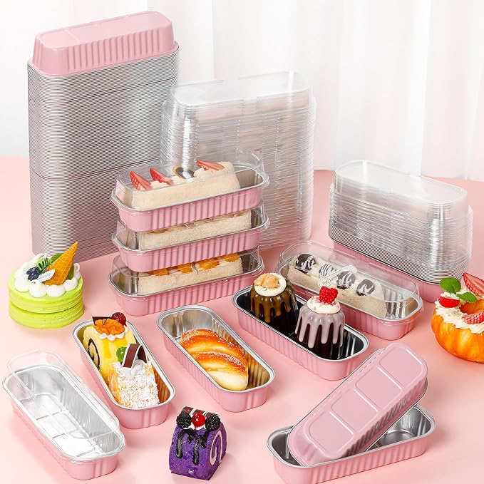 Qunclay 300 Pcs Mini Loaf Pans with Lids 6.8 oz Aluminum Foil Mini Cake Pans with Lids Rectangle Loaf Baking Cups Disposable Cake Containers for Muffin Ramekins Large Gatherings Parties(Pink) - Image 6