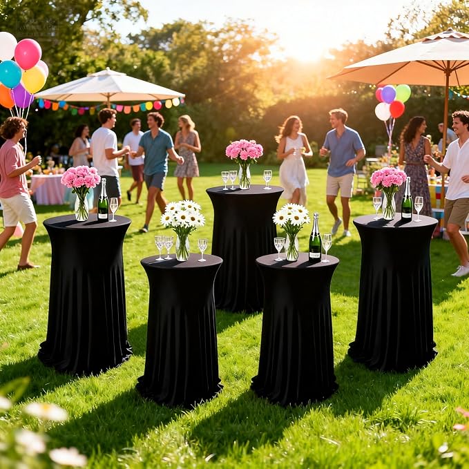 6 Pcs Black Spandex Stretch Round Cocktail Table Skirt, 32x43 Inch High Top Table Covers, Fitted Table Cloths for Wedding, Bar, Banquet, Party Decor & Event Supplies - Image 6