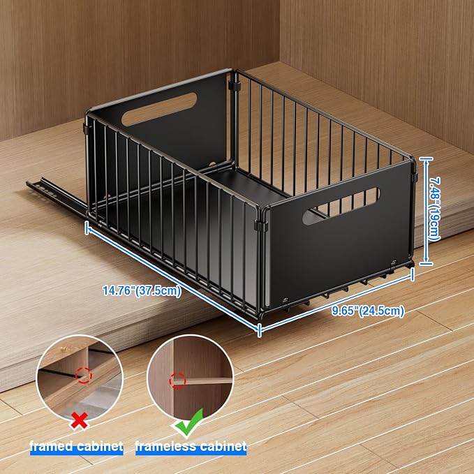 Mustorn 2 Pack Pull Out Cabinet Organizer, Slide Out Drawers for Cabinets, Peel and Stick, Heavy Duty Shelves for Kitchen, Cupboard, Pantry, Bathroom (14.76" D*9.65" W*7.87" H-Black) - Image 2