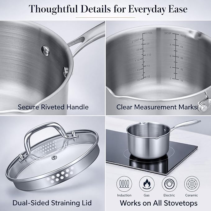 Cyrosa 3.5 Quart Saucepan with Lid, Stainless Steel Sauce Pot with Strainer Lid, Two Side Spouts for Easy Pour with Ergonomic Handle, Dishwasher Safe - Image 4