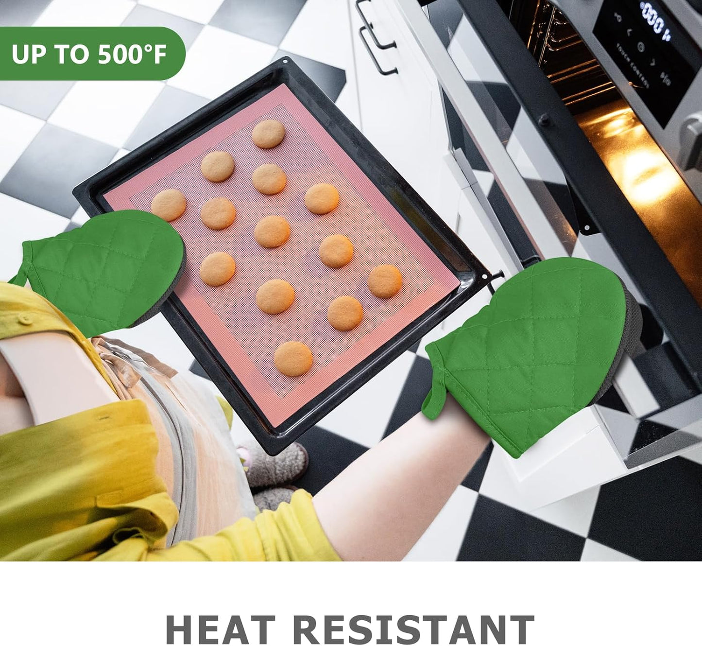 1 Pair Short Oven Mitts - Silicone Kitchen Oven Gloves High Heat Resistant 500℉, Mini Oven Mits with Non-Slip Grip Surfaces and Hanging Loop for BBQ, Baking, Cooking and Grilling (Green)