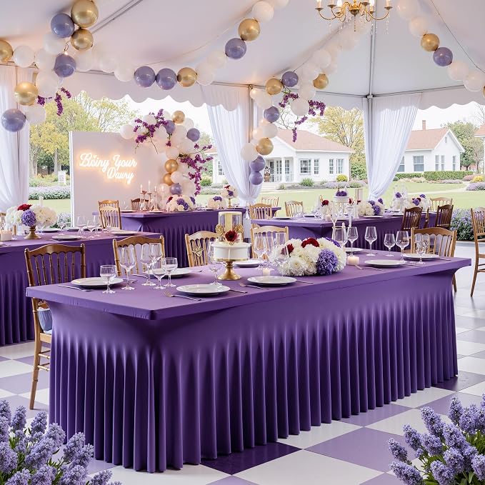 Spandex Tablecloth 6FT Rectangle Table Cover 4 Pcs Deep Purple Wrinkle-Free - Image 3