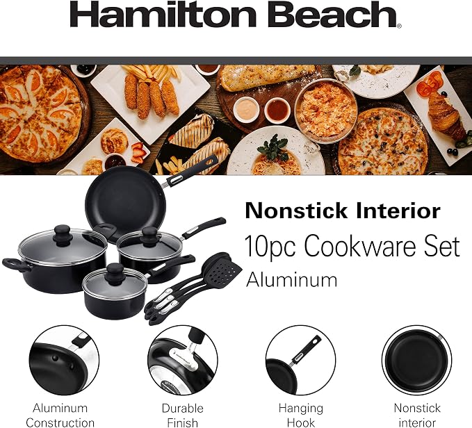 Hamilton Beach Aluminum Covered Cookware Set, Nonstick Saucepan Frypan, Dutch Oven with Soft Touch Bakelite Handle, | Spiral Bottom- Multipurpose Use | Durable & Dishwasher Safe |10pc, Black | - Image 2