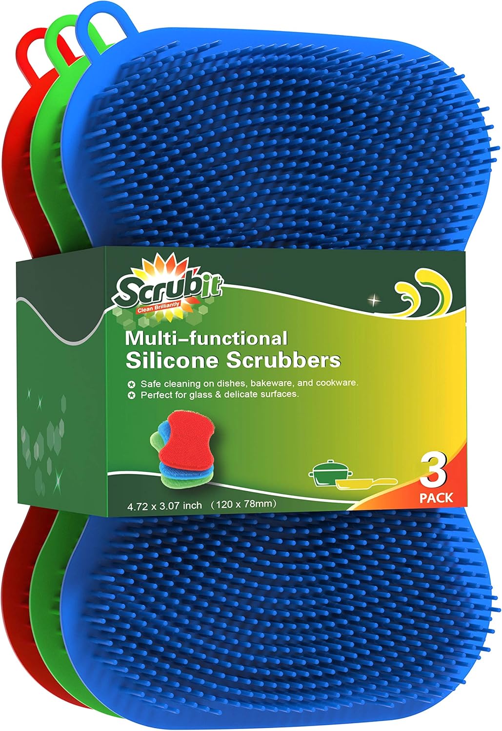 Silicone Scrubbing Pad Sponges by SCRUBIT - Real Silicon Non Scratch Kitchen Scrubber - Non Smell Cleaning Sponges for Kitchen Dishes - Reusable Soft Dish Sponge - Blue Red Green Pads (3 Pack)