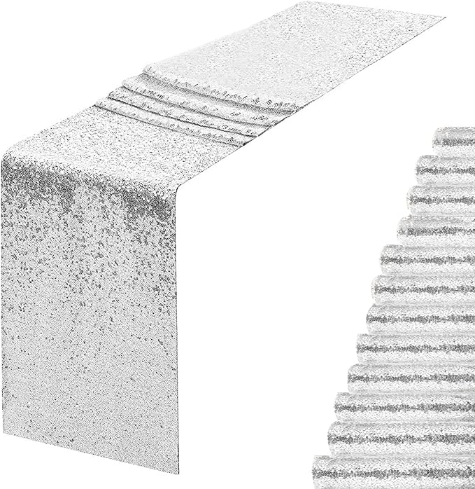 Silver Sequin Table Runner 12 Pack, 12x108 Inch Glitter Table Runner by WISPET